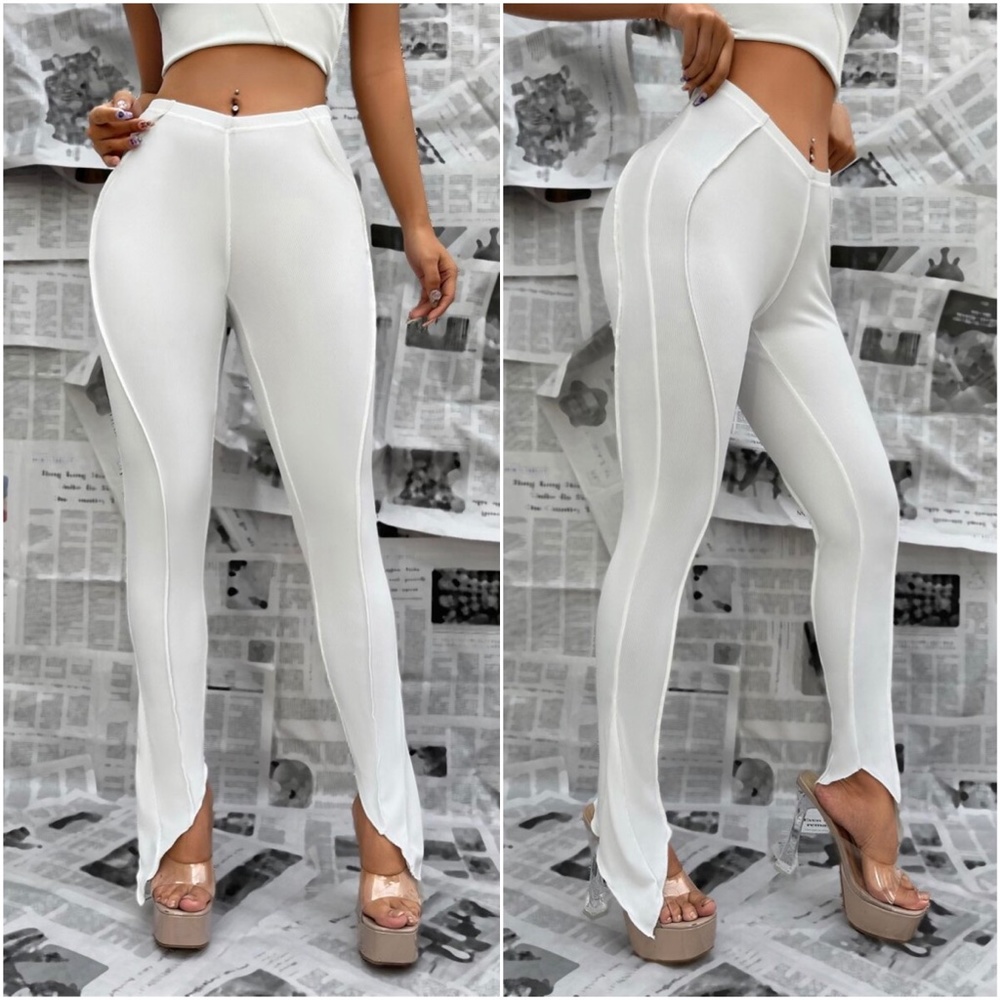 White Fitted Bodycon Jagged Hem Skinny Pants
